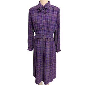Vintage Purple Plaid Laquian By Kobino Pleated Long Sleeve Dress With Bow Tie Ne